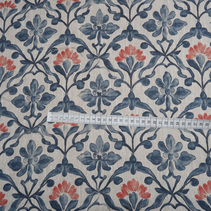 100% LINEN Fabric Portuguese Tile floral pattern on linen - floral botanical linen for upholstery home decor dressmaking clothing 2042
