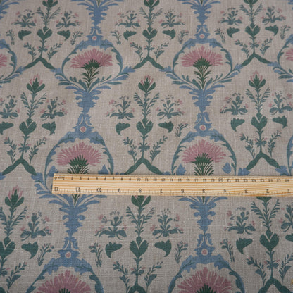 100% LINEN Fabric pink blue block print on oatmeal natur linen, floral toile de jouy fabric, French linen floral upholstery 2254