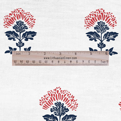 100% LINEN Fabric block print indigo blue red on white - linen fabric with floral print -heavy linen fabric for upholstery home decor