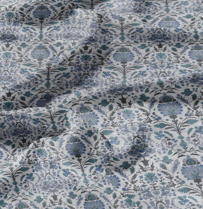 100% LINEN Fabric block print pale blue on white - floral linen Fabric LithuanianLinen for upholstery dressmaking curtains home textile