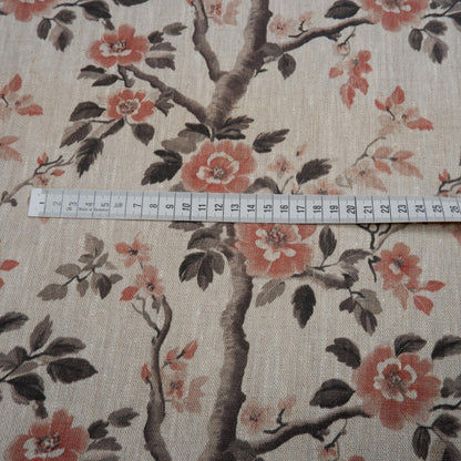 100% LINEN Fabric block print - oatmeal linen fabric with pink brown floral print - fabric for upholstery home decor or dressmaking 2039