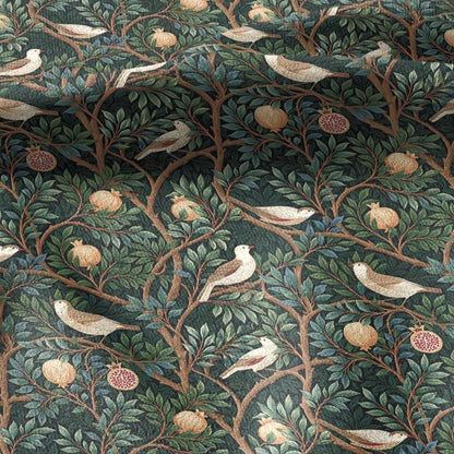 100% linen fabric green pomegranate tree with birds print - Vintage toile de jouy botanical - modern vintage 3388