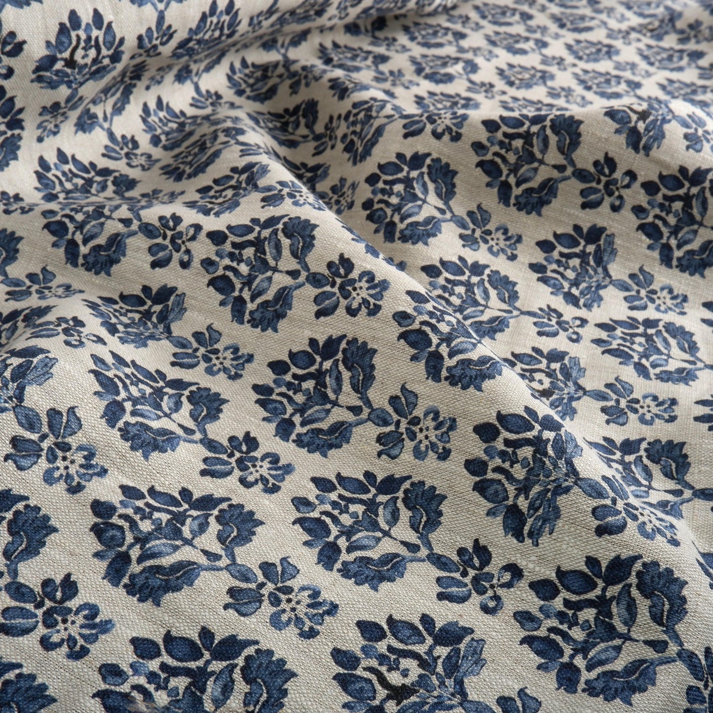 100% LINEN Fabric indigo blue block print - oatmeal neutral fabric with blue floral print - linen for upholstery home decor dressmaking 389