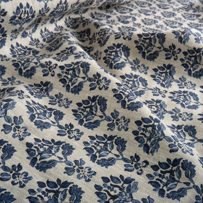 100% LINEN Fabric indigo blue block print - oatmeal neutral fabric with blue floral print - linen for upholstery home decor dressmaking 389