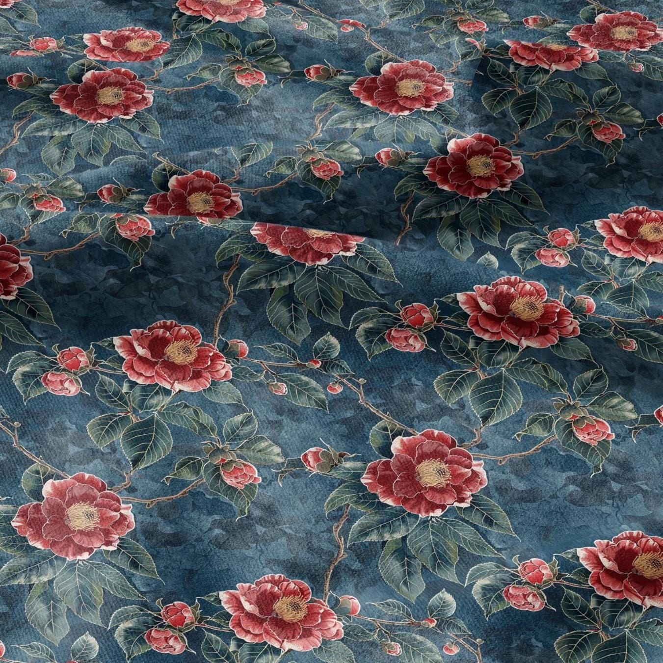 100% LINEN Fabric oriental print - chinoiserie roses blossom print - upholstery home decor clothing sewing 2132