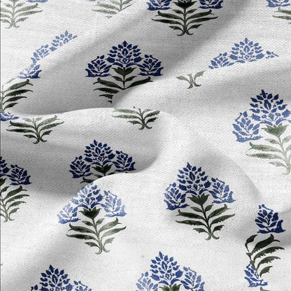 100% LINEN Fabric Block print Parijat flower - botanical upholstery home textile artisan fabrics blue green white 2755