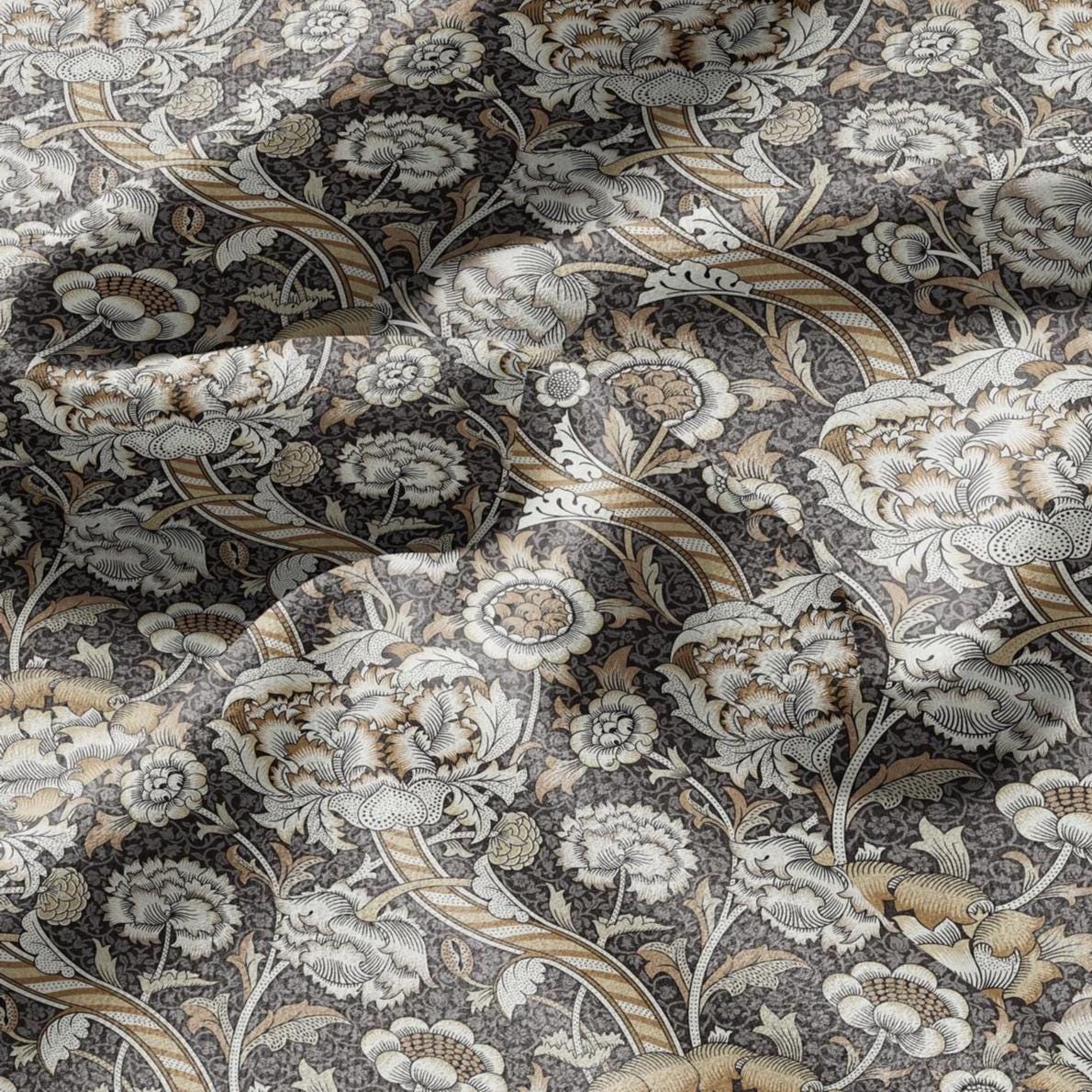 William Morris Wandle brown beige print on 100% LINEN - Victorian Art crafts linen - botanical Historical upholstery home textile 3170