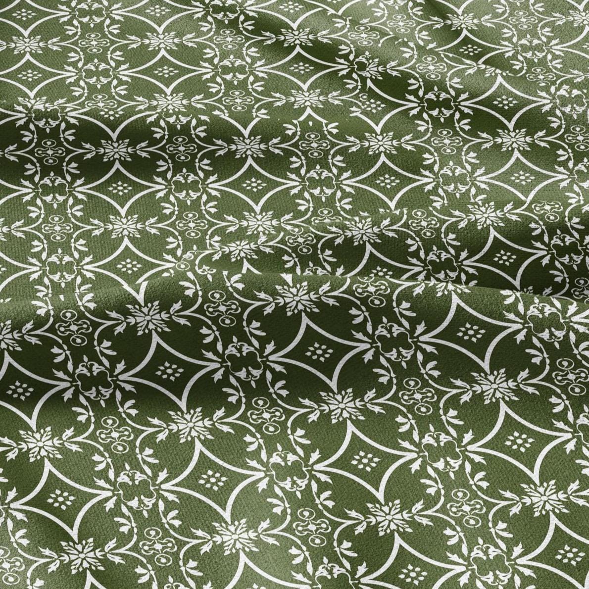 100% LINEN Fabric green floral print - geometric block print -  2874