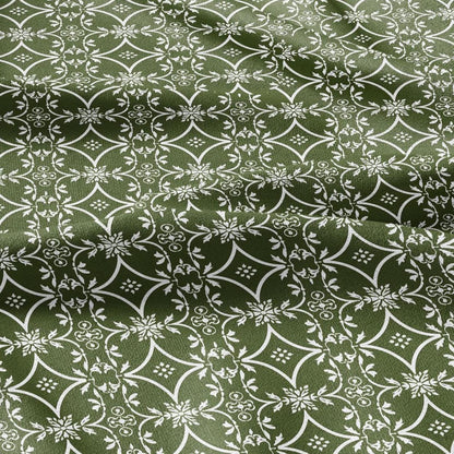 100% LINEN Fabric green floral print - geometric block print -  2874