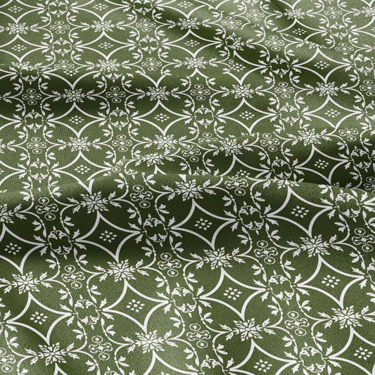 100% LINEN Fabric green floral print - geometric block print -  2874