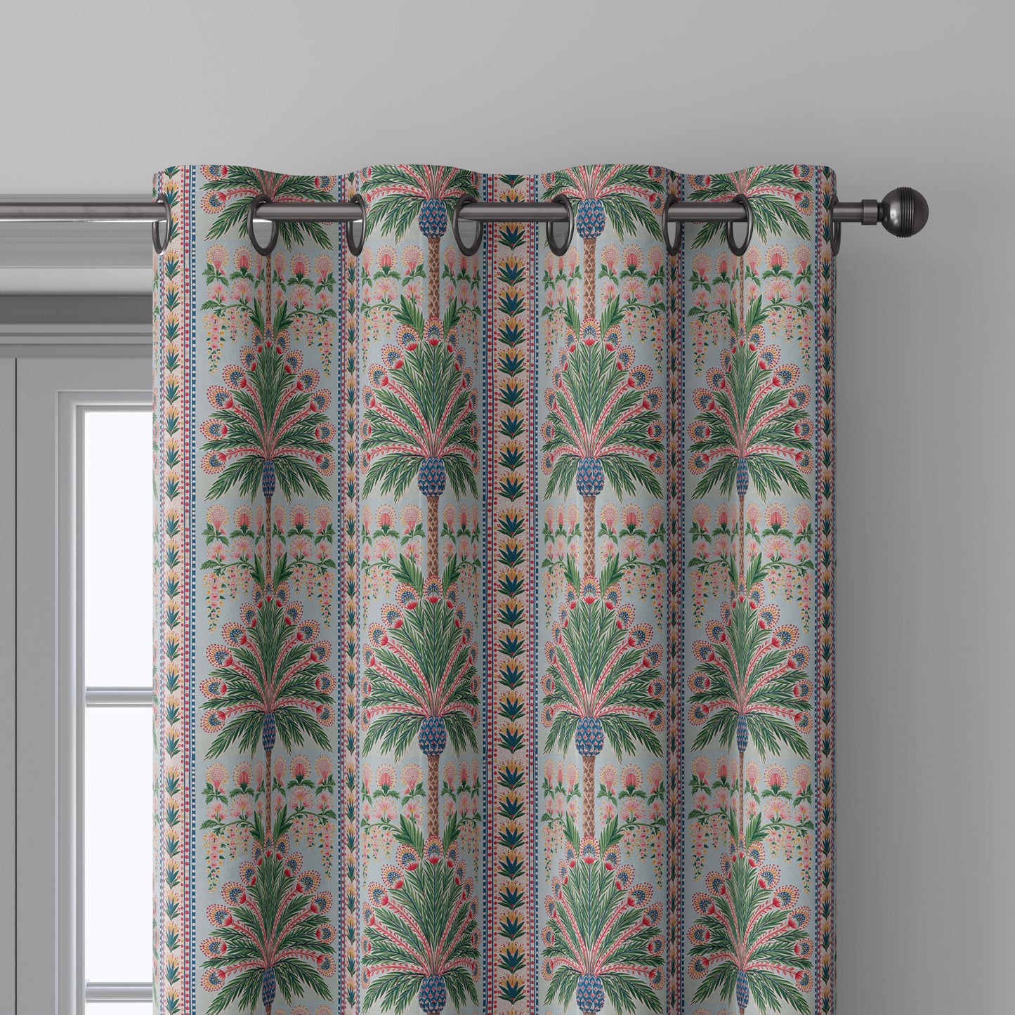 100% linen fabric Palm floral print - Vintage pink red green botanical  - modern vintage 3394