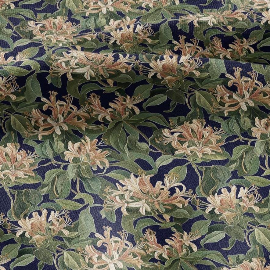 100% LINEN Honeysuckle print - Blue greenery blossom - floral fabric for dress making or home decor 2974
