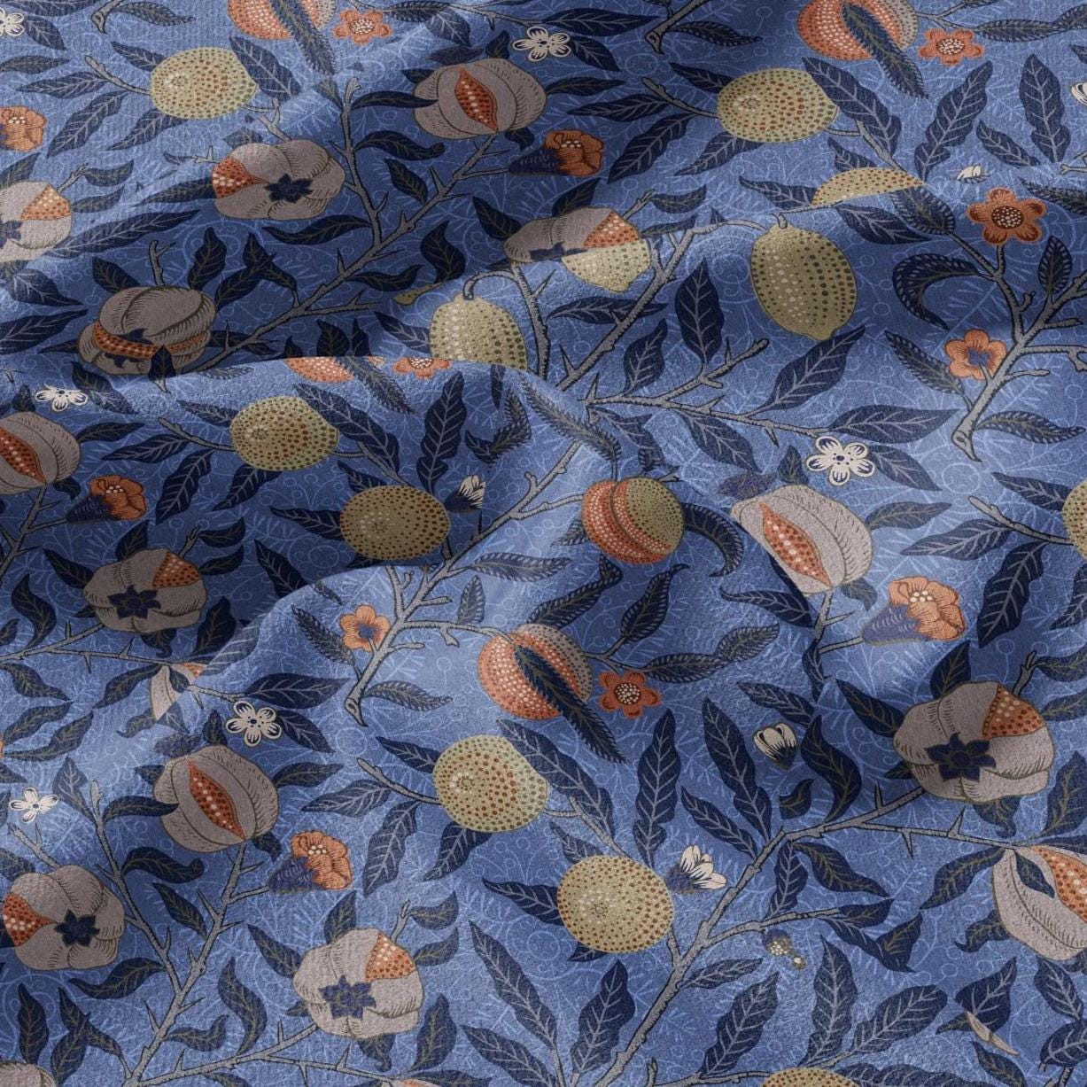 William Morris Fruits 100% LINEN Fabric - British linen floral upholstery - lemon Pomegranate home textile Victorian fabrics blue 3181