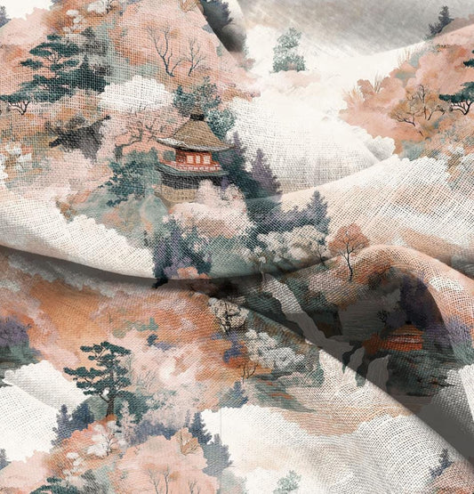 100% LINEN Fabric Kyoto in autumn print,  linen fabric withJapanese scenery print, heavy linen fabric for upholstery home decor