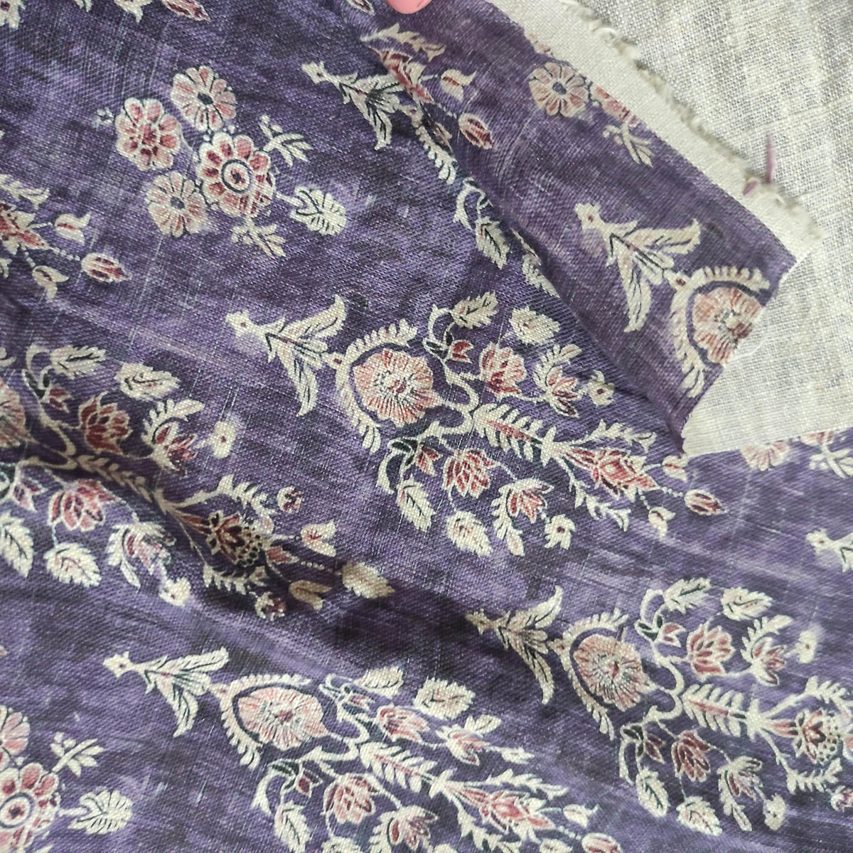 100% LINEN Fabric block print indian purple 3656 -  oatmeal linen fabric with green floral print decor