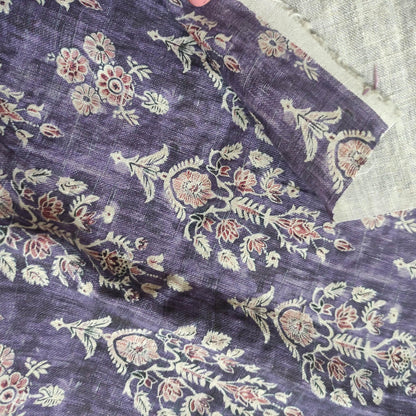 100% LINEN Fabric block print indian purple 3656 -  oatmeal linen fabric with green floral print decor
