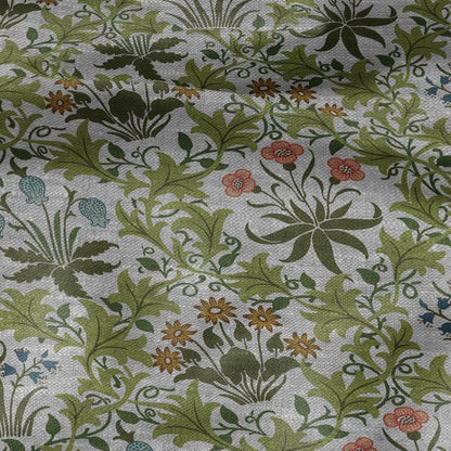100% LINEN Fabric William Morris print Celandine - botanical green gray floral on oatmeal linen - modern vintage 3161