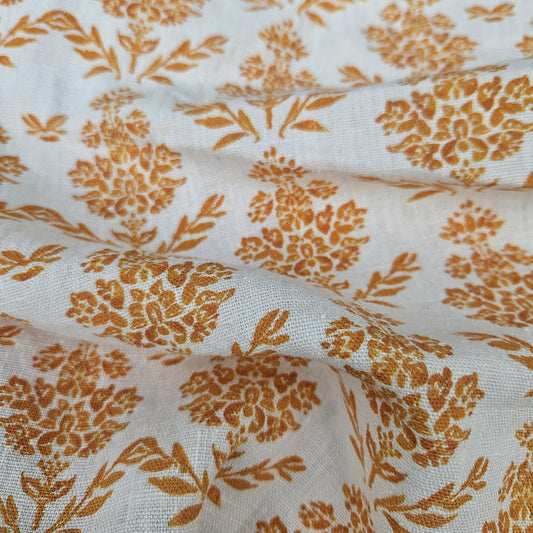 100% LINEN Fabric block print mustard yellow on white - heavy linen fabric for upholstery home decor or medium for clothing 2183