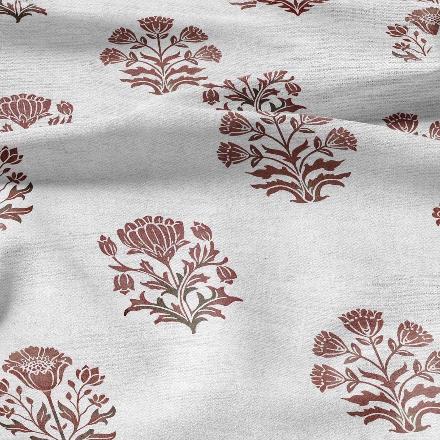 100% LINEN Fabric Block print Genda flower red - floral upholstery home textile artisan fabrics green white 2945