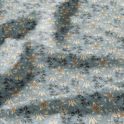 100% linen Columbine prints fabric for Curtain Upholstery Cushion - Art deco blue flower print fabric for dress making sewing