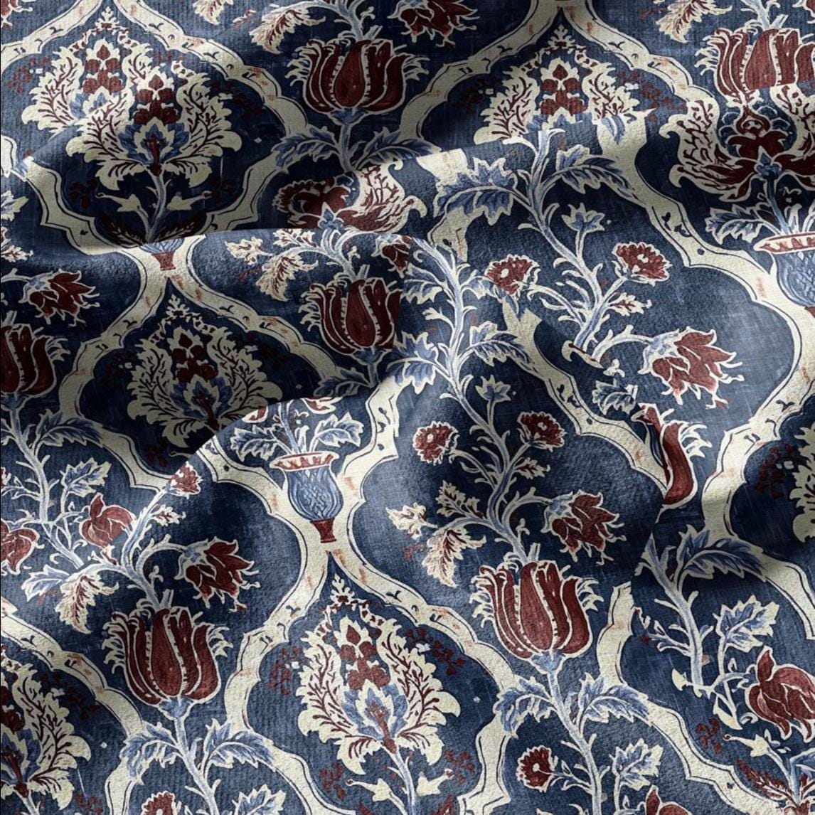100% LINEN Fabric Indigo Garden Linen  - Hand-Drawn Floral Lattice - Indigo & Madder Floral 3424