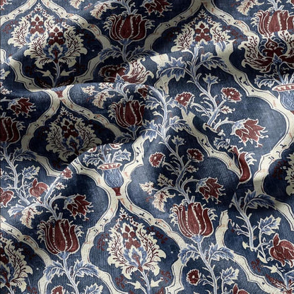 100% LINEN Fabric Indigo Garden Linen  - Hand-Drawn Floral Lattice - Indigo & Madder Floral 3424