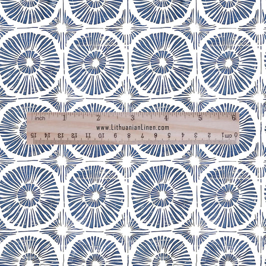 100% LINEN Fabric Japanese indigo blue circle print - Japandi linen print upholstery curtains dress making 2011