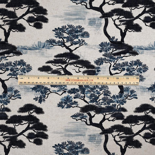100% LINEN Fabric UPHOLSTERY 12oz - Japanese indigo blue Pine tree print on oatmeal linen - Modern vintage Japandi floral upholstery 2971
