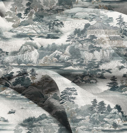 100% LINEN Fabric block print oriental scenery,  linen fabric with stony island print, heavy linen fabric for upholstery home decor