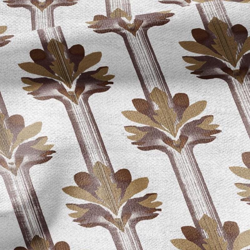 100% LINEN Fabric Stripe floral brown print  - floral upholstery home textile artisan fabric brown white 3136