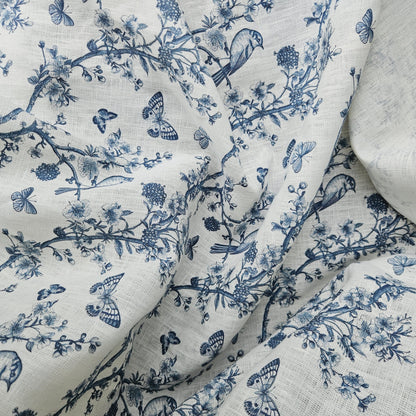 100% LINEN Fabric Toile de Jouy, white botanical fabric with blue indigo print, French linen floral Birds  and butterflies 301