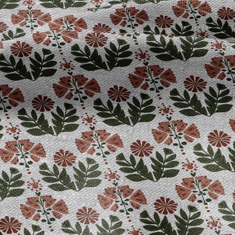100% LINEN Fabric block print Naive flower - oatmeal natur linen fabric with floral print - heavy for upholstery home decor clothing 3101