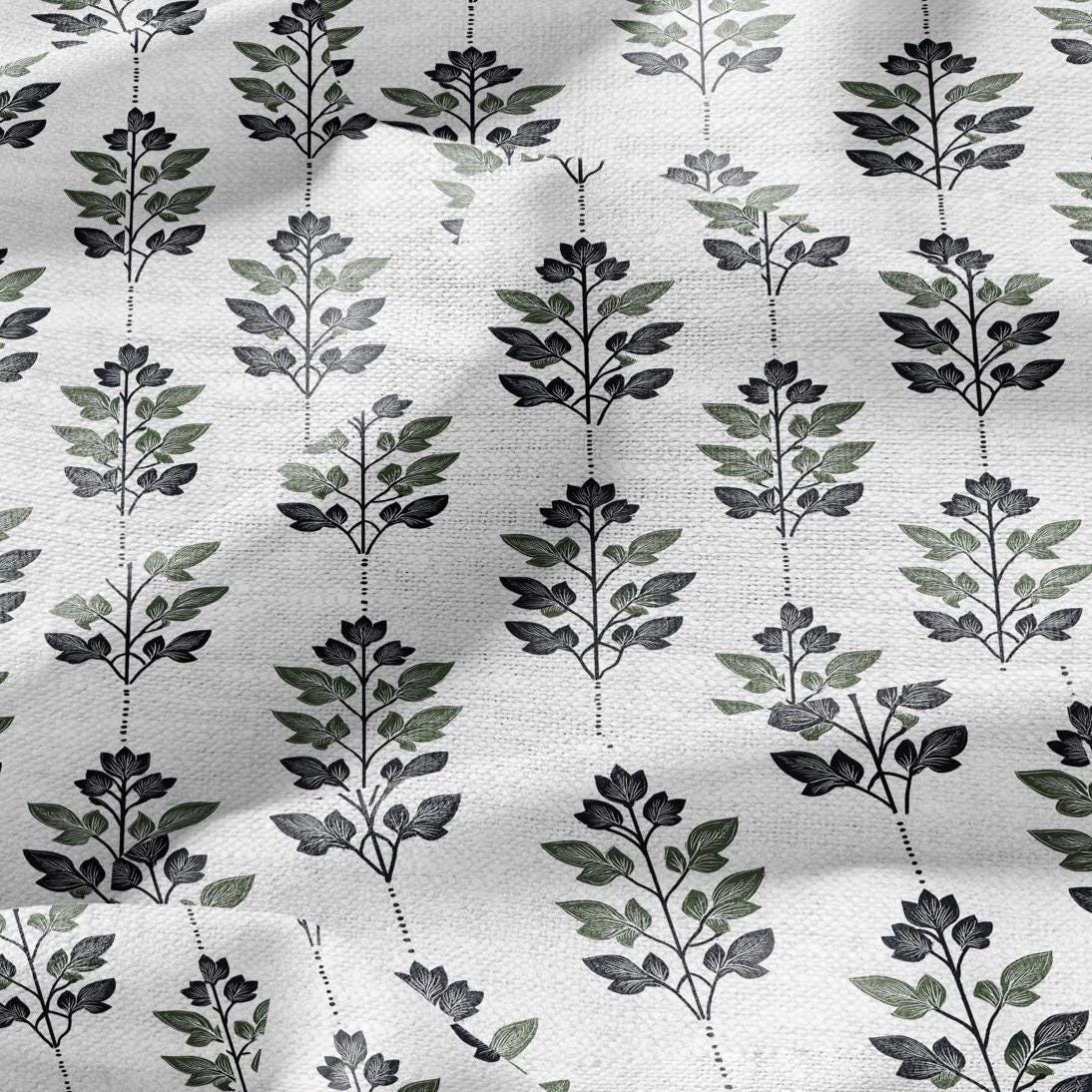 100% LINEN Fabric Leaves stripe print - Mid-century modern botanical stripe upholstery home textile artisan green white 2743