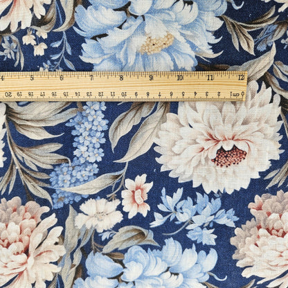 100% LINEN Fabric blue floral DAHLIAS, white blue botanical fabric with floral print, indian block print on linen linen 2578