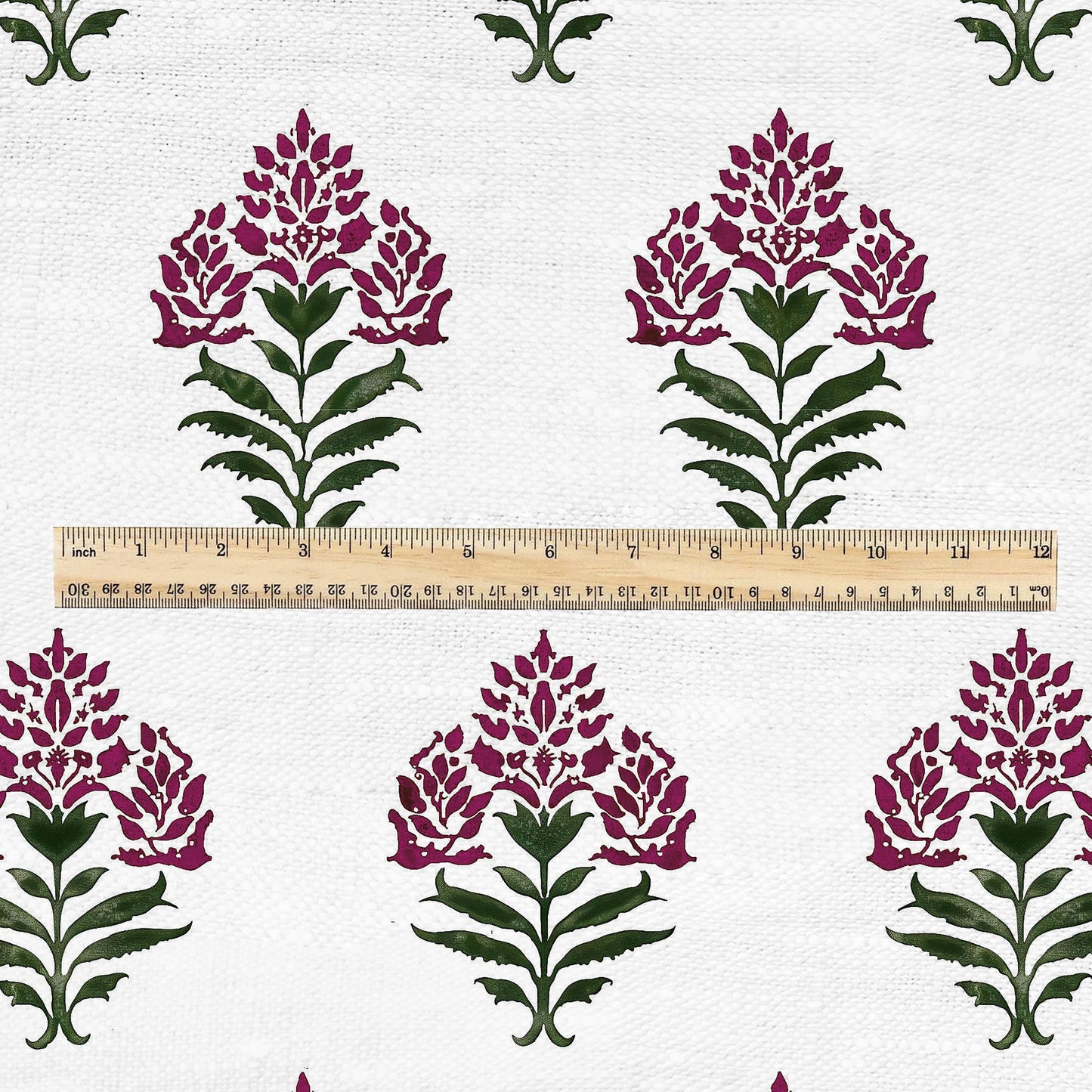 100% LINEN Fabric Block print Parijat flower - botanical upholstery home textile artisan fabrics red green white 2752