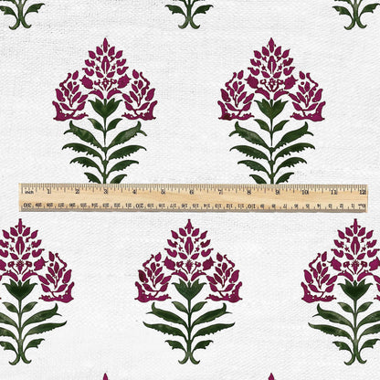 100% LINEN Fabric Block print Parijat flower - botanical upholstery home textile artisan fabrics red green white 2752