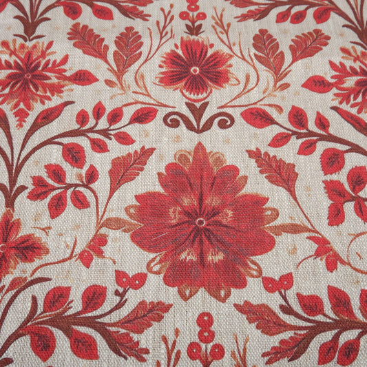 100% LINEN Fabric red floral print on oatmeal natur linen - love red flower fabric - French linen floral upholstery dress making 2036