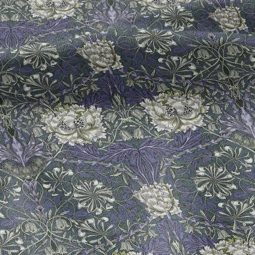100% linen fabric William Morris Honeysuckle blue green print - Victorian Art crafts Historical pattern fabric upholstery dress making 3297