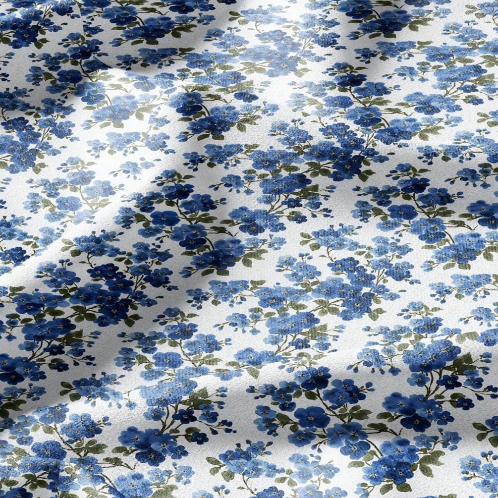 100% LINEN Fabric Block print Forget me not flower - botanical upholstery home textile artisan fabrics blue white 2913