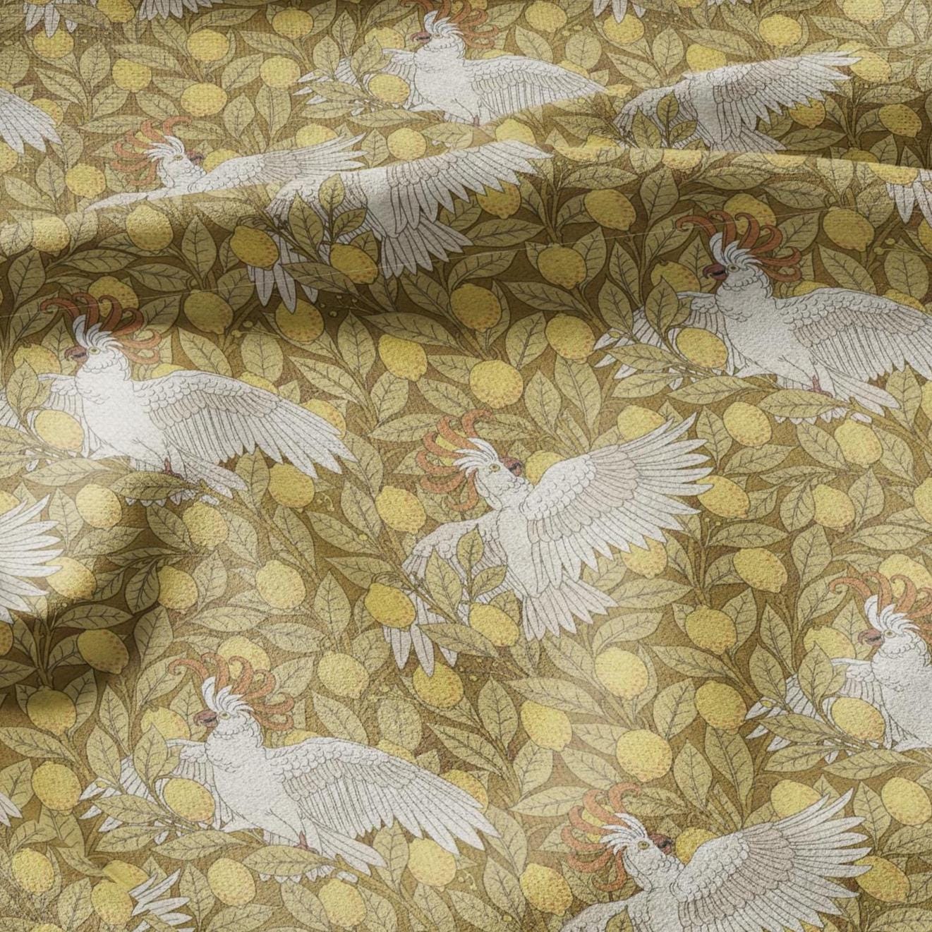 100% linen Vintage Cockatoos fabric for Curtain Upholstery Cushion - yellow white print fabric for dress making sewing