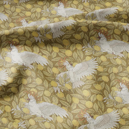 100% linen Vintage Cockatoos fabric for Curtain Upholstery Cushion - yellow white print fabric for dress making sewing