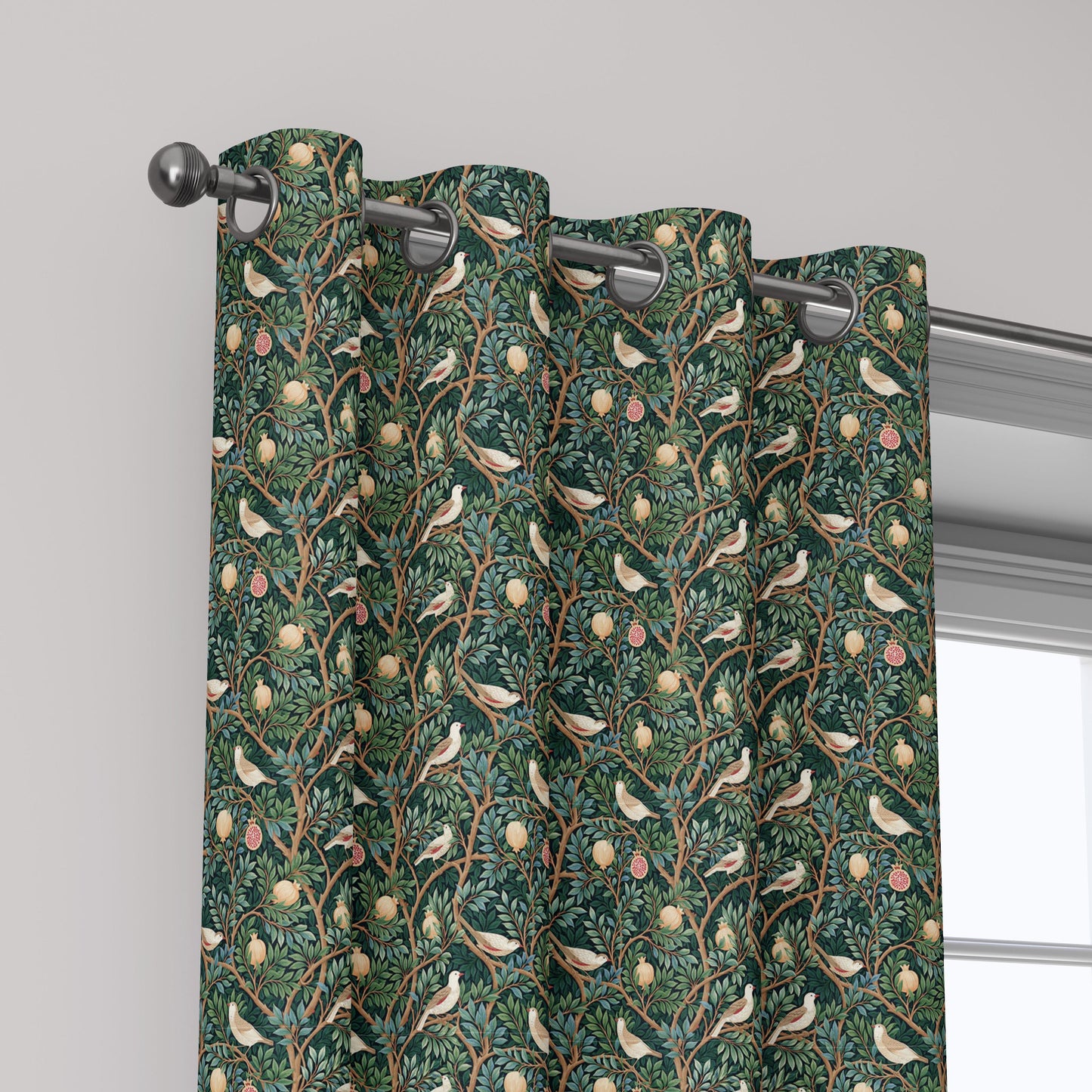 100% linen fabric green pomegranate tree with birds print - Vintage toile de jouy botanical - modern vintage 3388