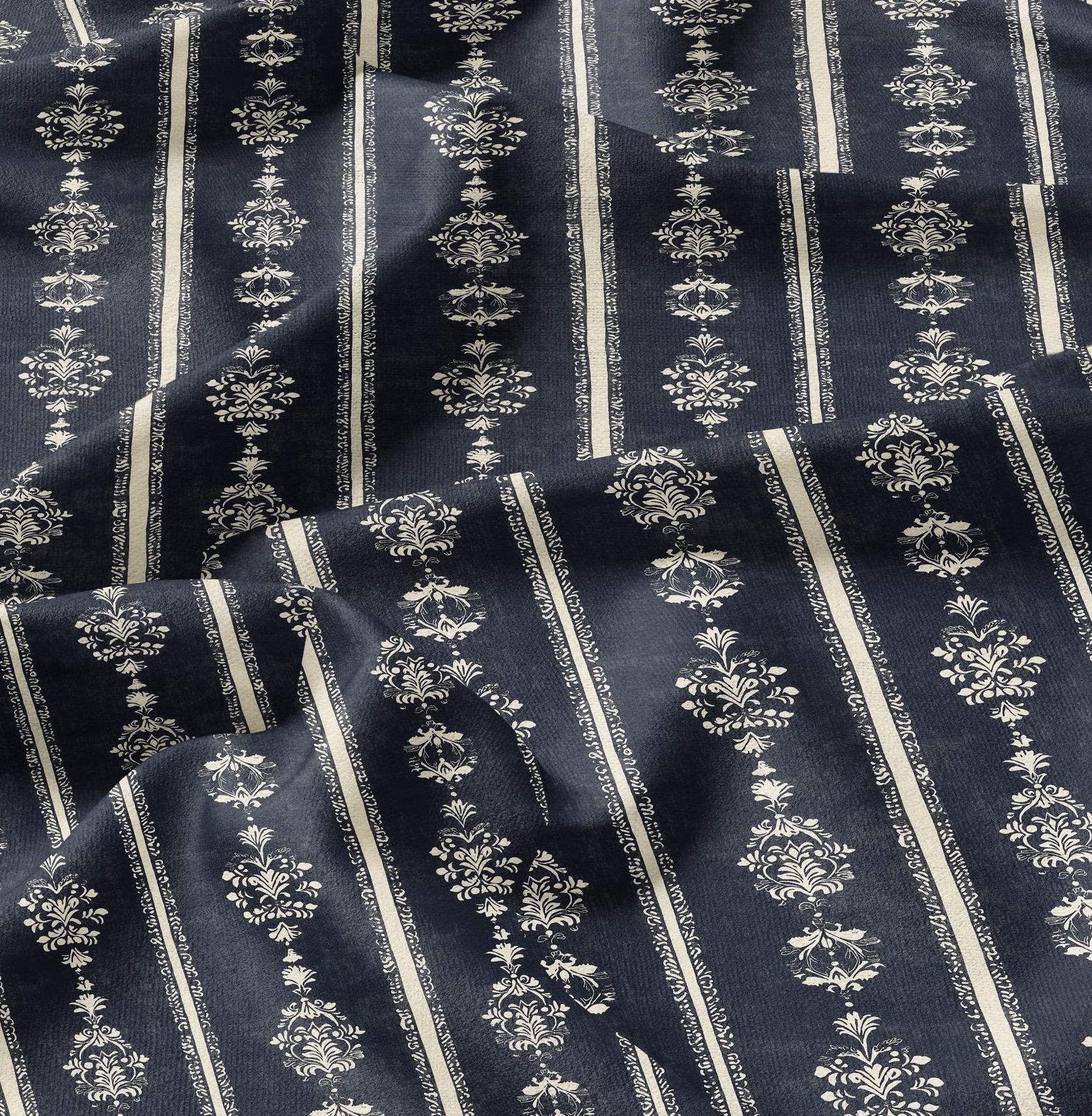 100% LINEN Fabric Indigo blue stripe block - tribal print on linen print upholstery curtains dress making