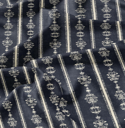 100% LINEN Fabric Indigo blue stripe block - tribal print on linen print upholstery curtains dress making