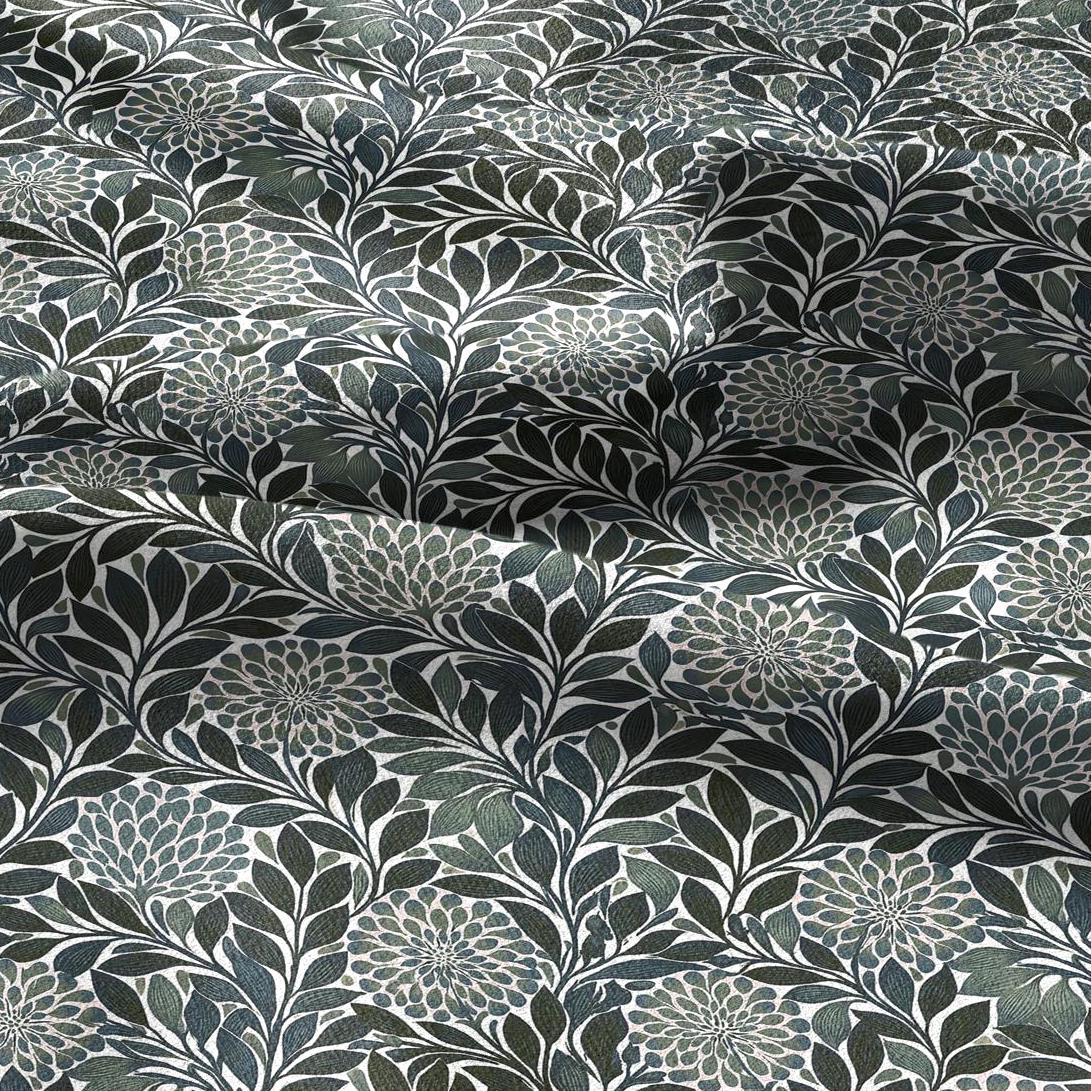 100% linen fabric greenfloral print - Vintage flower blossom botanical - modern vintage 3396
