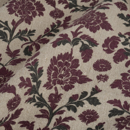 100% linen Retro Maroon flower Print fabric for Curtain Upholstery Cushion - Floral  - for dress making sewing 2262