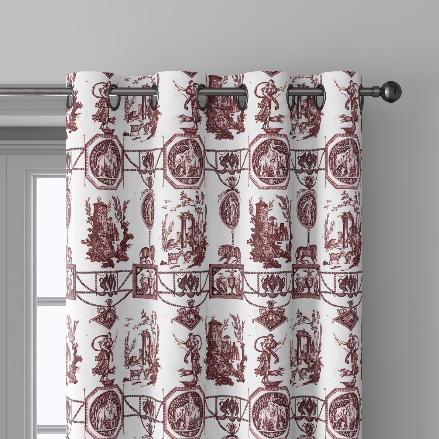 100% LINEN Fabric french red white print - Goddess Diana with Lion - toile de jouy - Diane chasseresse by Jean-Baptiste Huet 3419