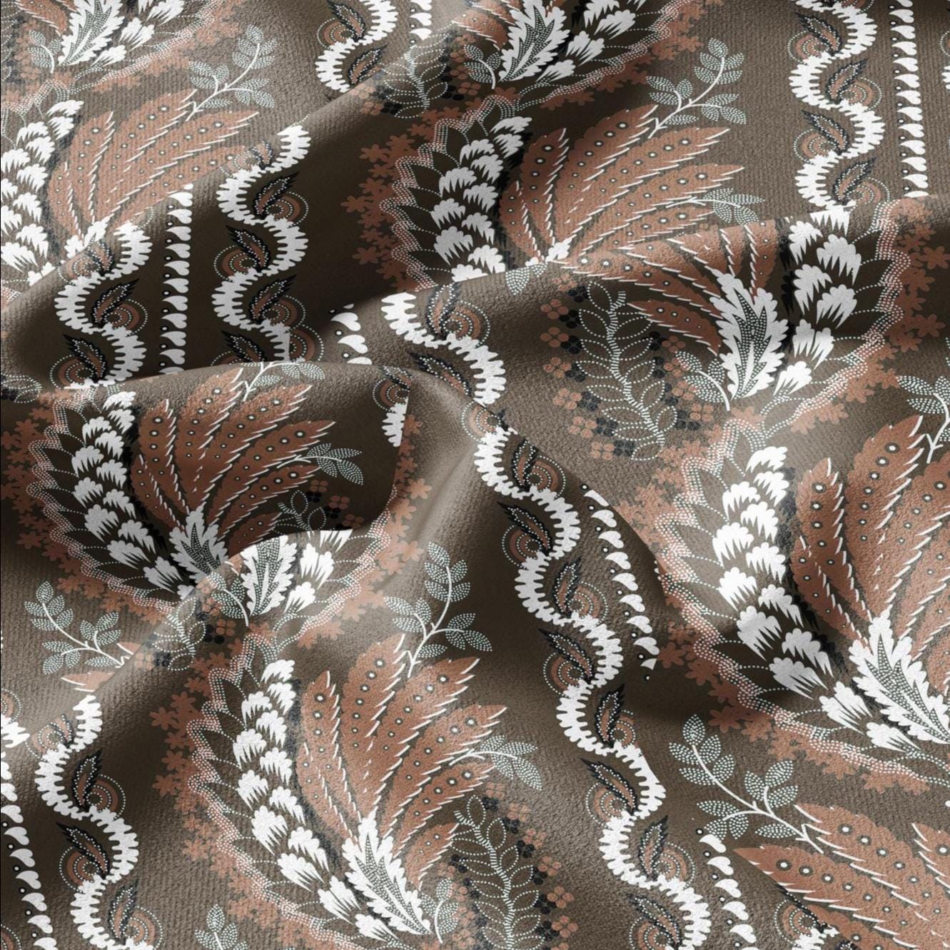 100% LINEN Fabric Vintage floral squilr stripe print - Modern botanical - Victorian Art Craft brown 3165