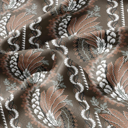 100% LINEN Fabric Vintage floral squilr stripe print - Modern botanical - Victorian Art Craft brown 3165