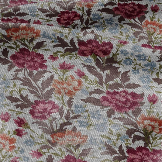 100% LINEN Fabric print Vintage floral stripe - oatmeal linen fabric with botanical print - heavy for home decor clothing 2756